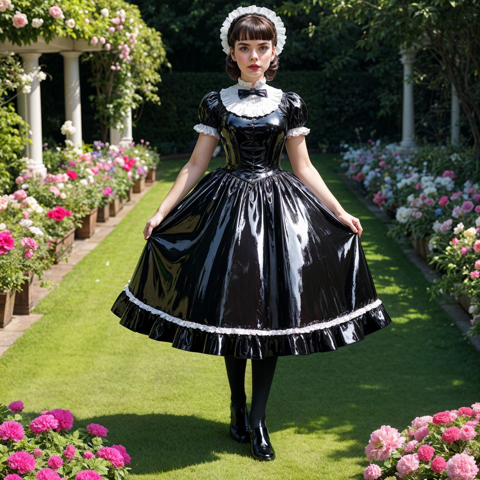 Young Woman in Vintage Dress in a Lush Garden