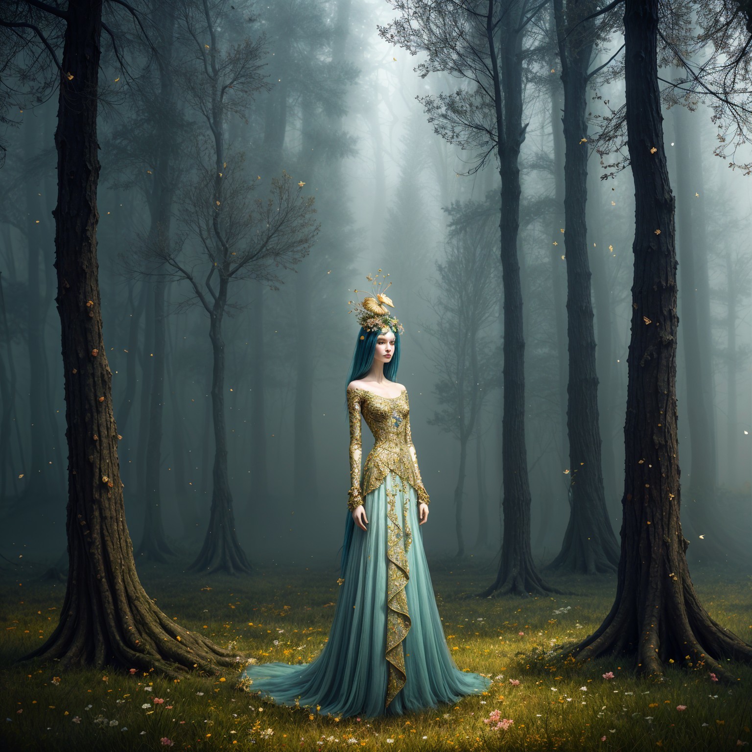 Regal figure in mystical forest with elegant gown
