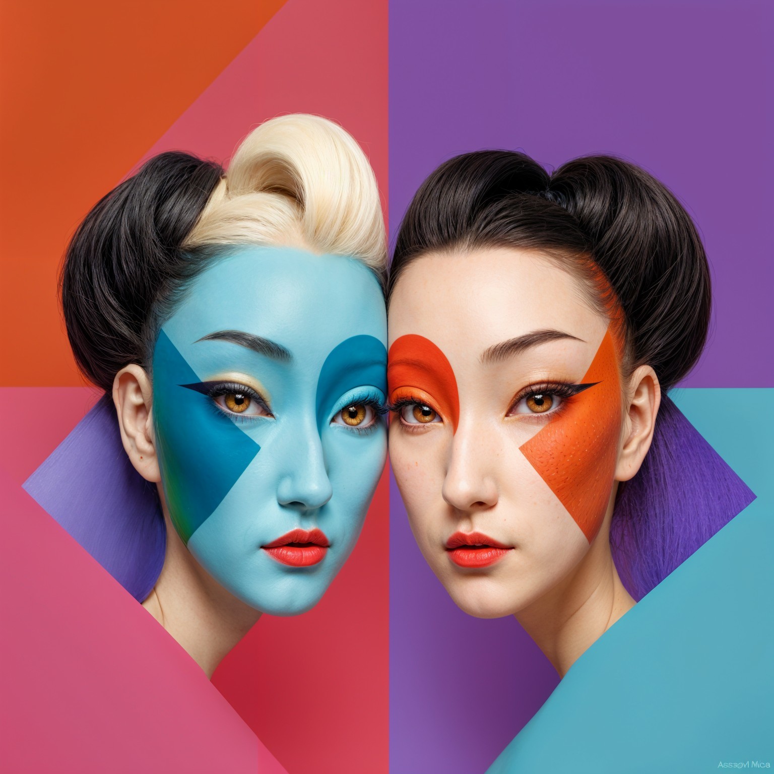 Colorful Geometric Face Paint on Two Women