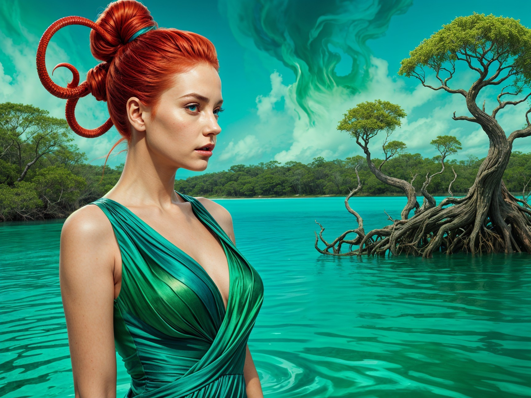 Elegant Woman by Turquoise Lagoon with Red Hair