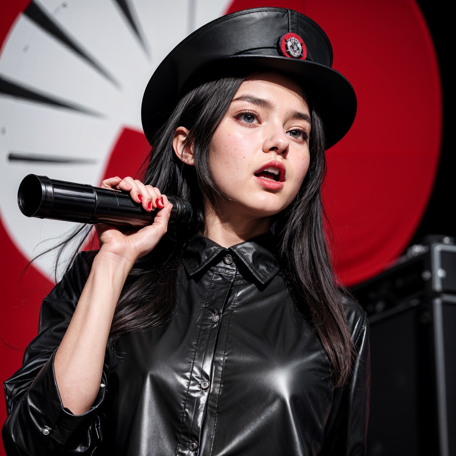 Performer in Black Outfit with Microphone and Hat