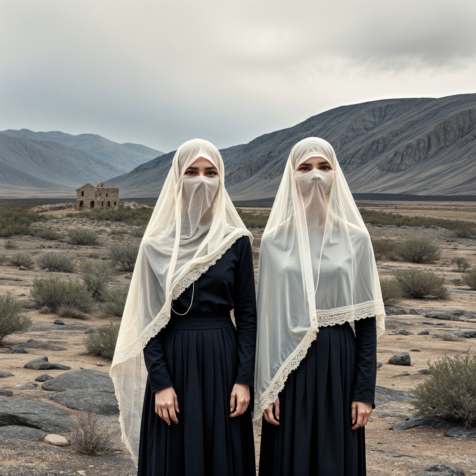 Women in Veils in a Desolate Landscape with Mountains