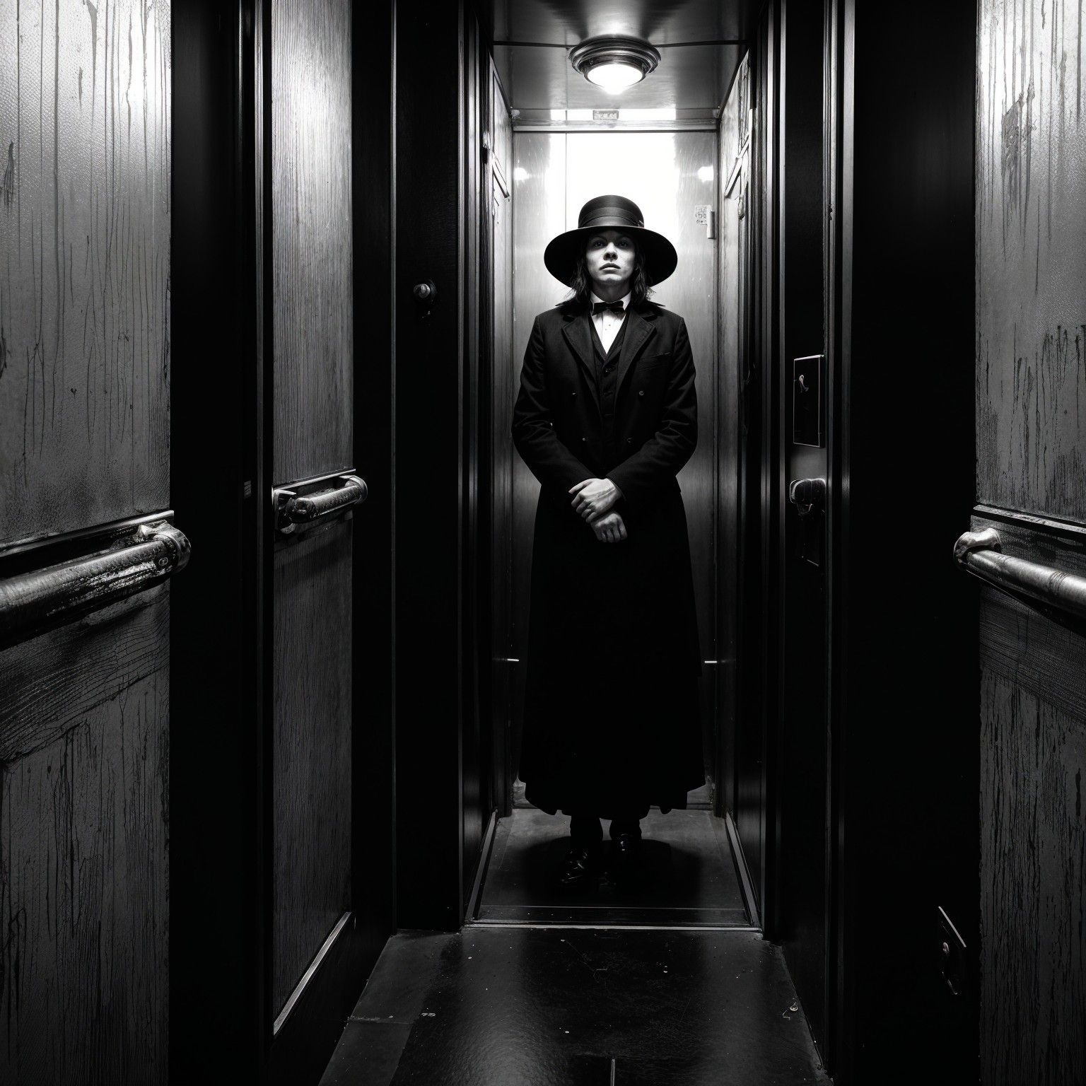 Mysterious Figure in Dimly Lit Elevator Setting