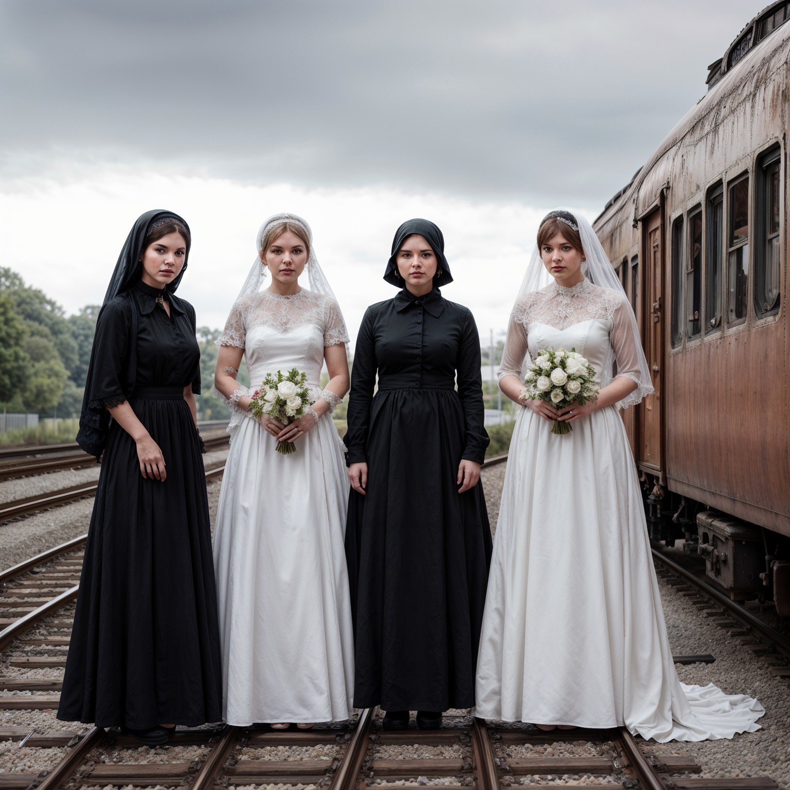 Women in Gowns on Train Platform with Flowers
