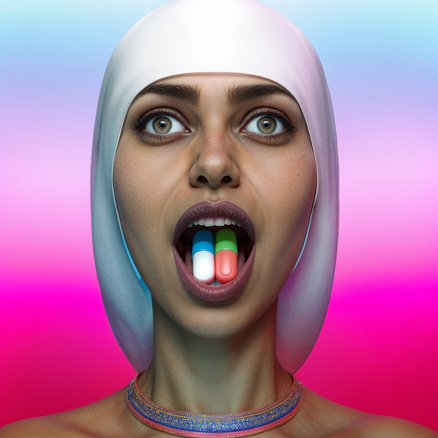 Portrait of a Woman with Colorful Pills and Gradient Background