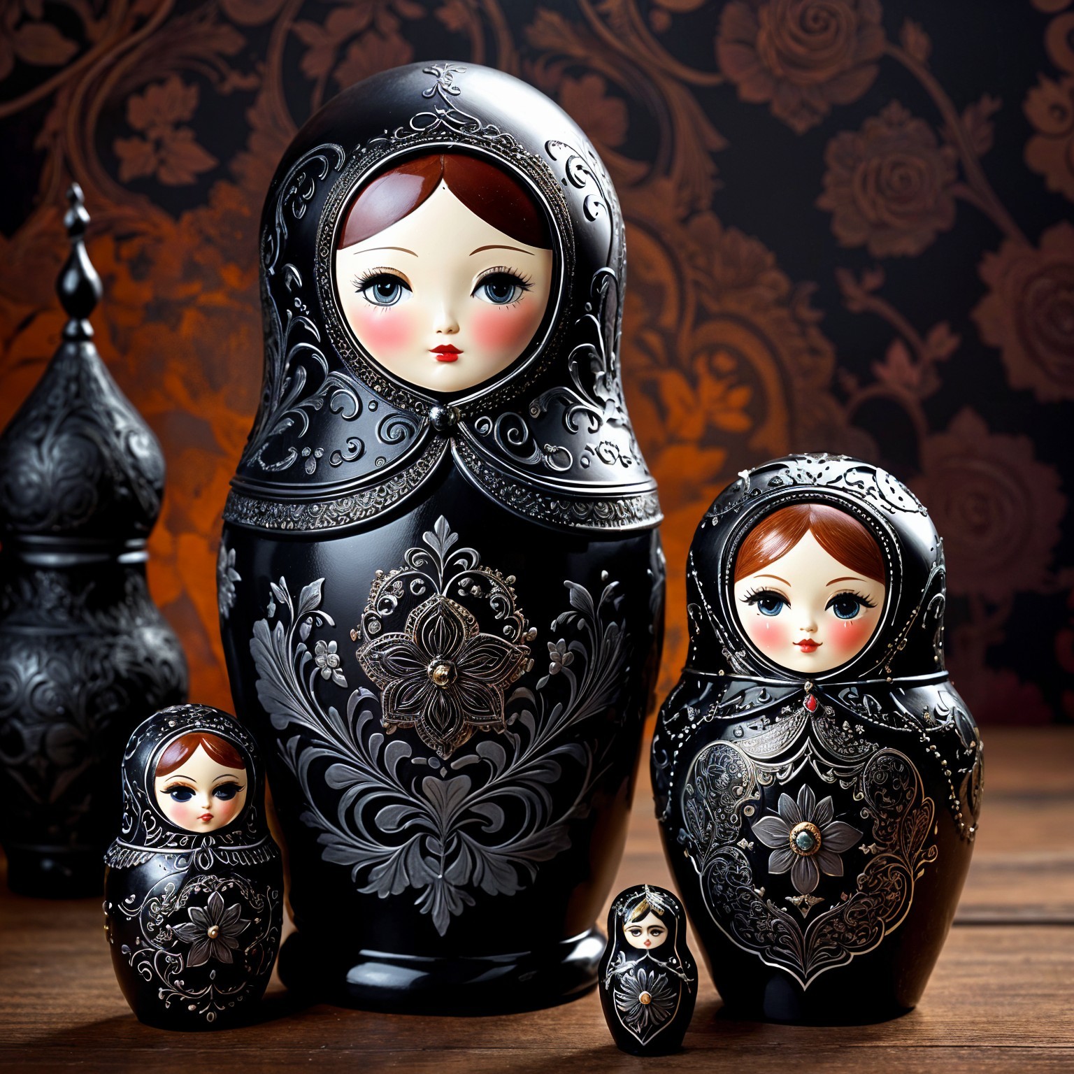 Intricately Designed Black Russian Nesting Dolls