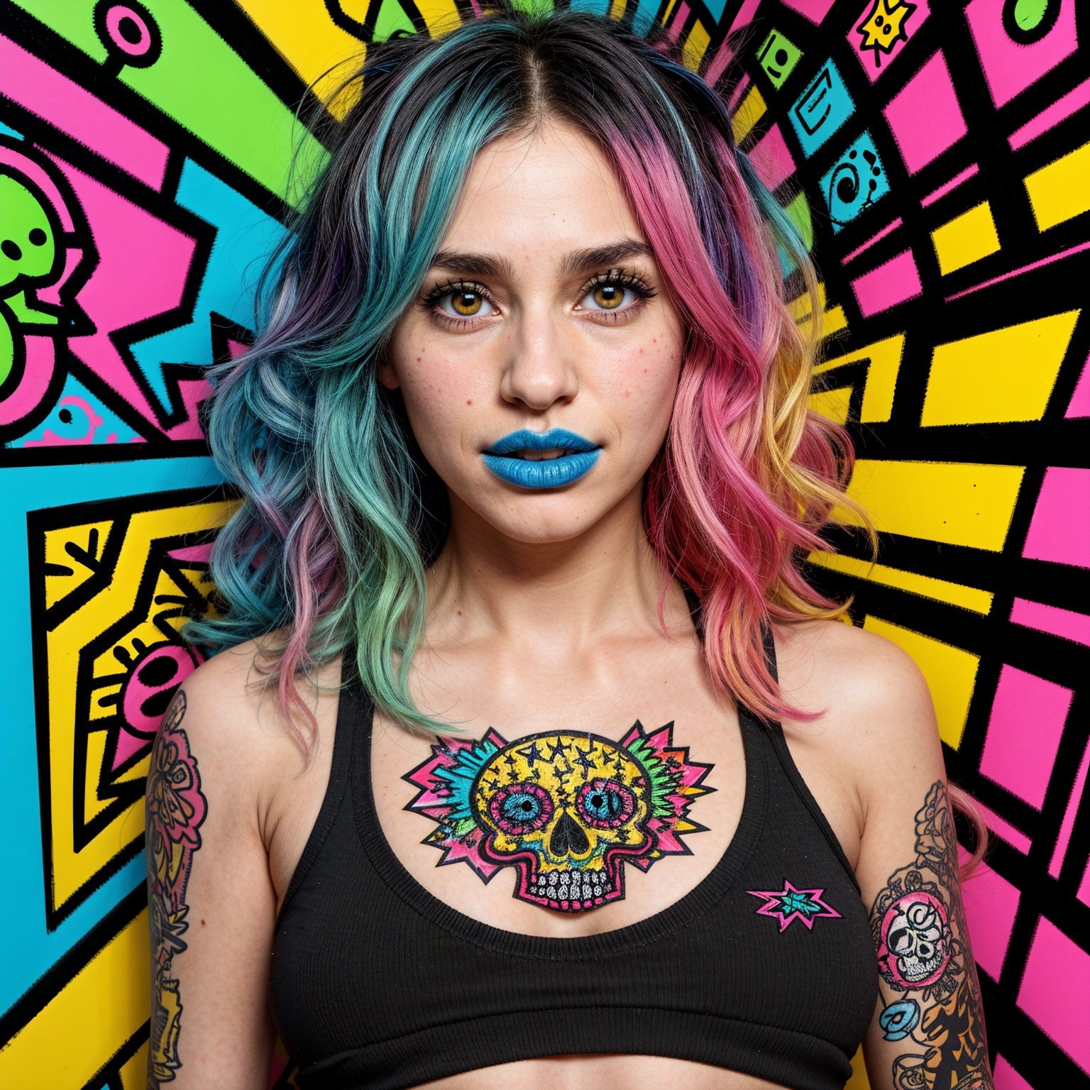 Young woman with colorful hair and bold body art