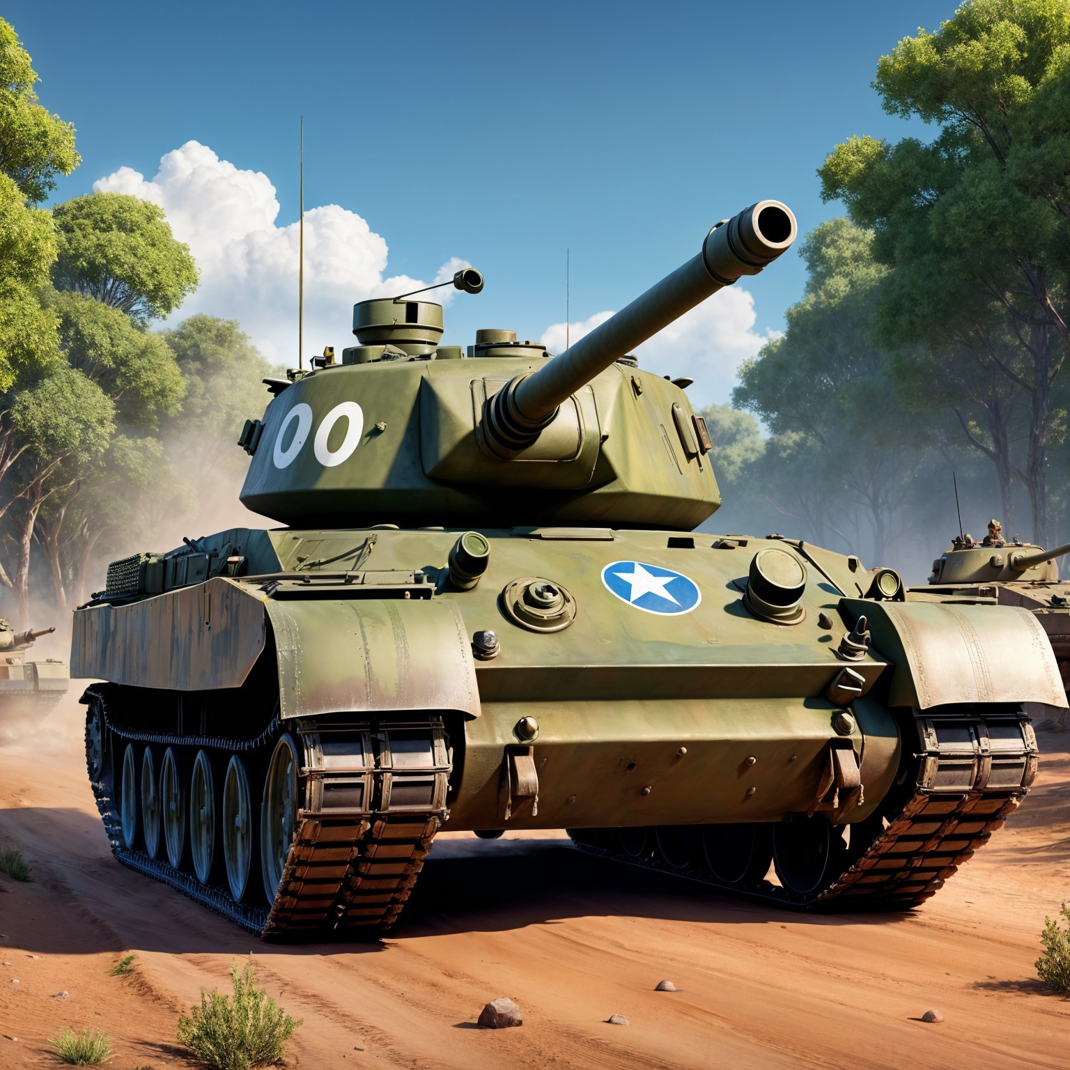Military tank in a lush outdoor setting with trees