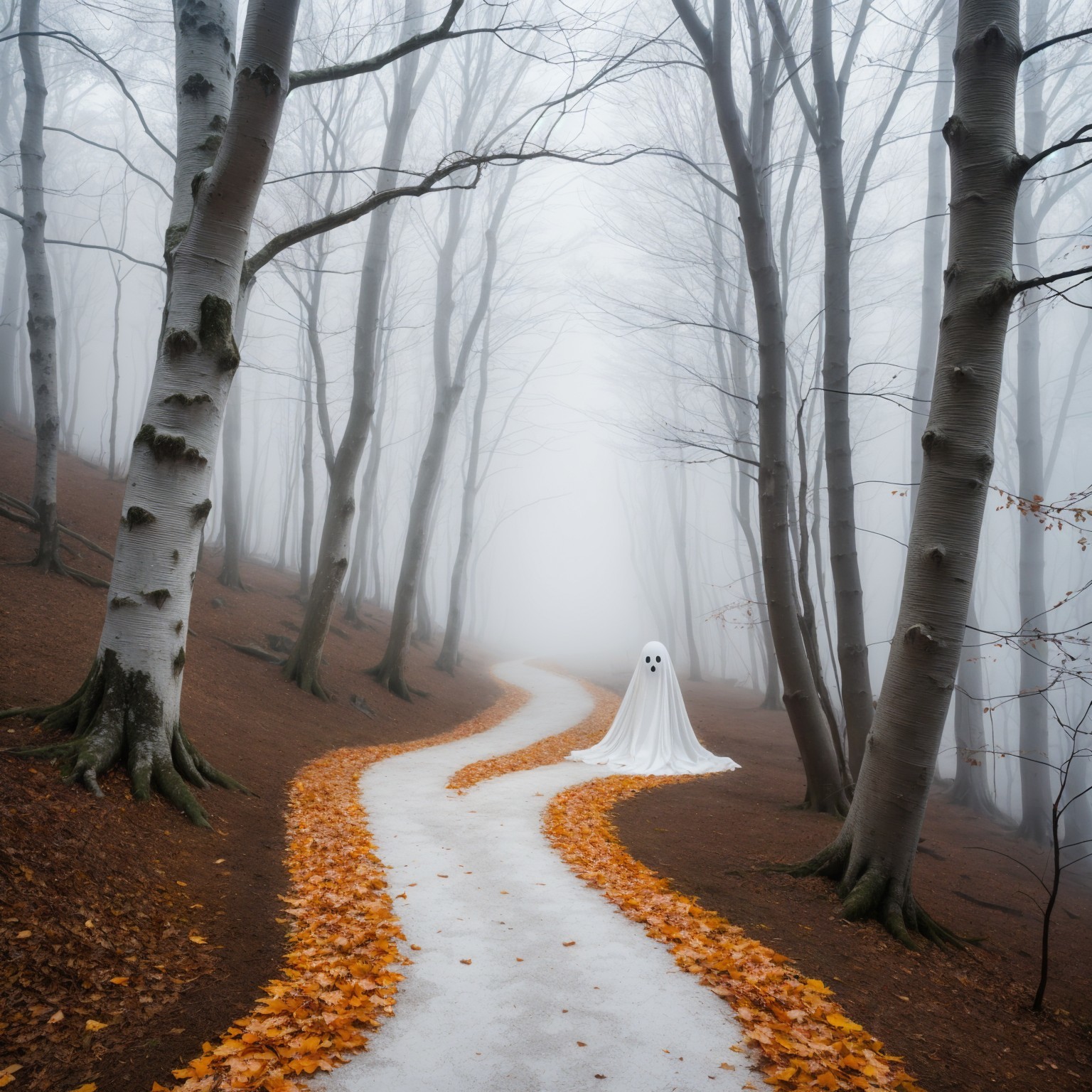 Misty Forest Path with Ghostly Figure and Fog