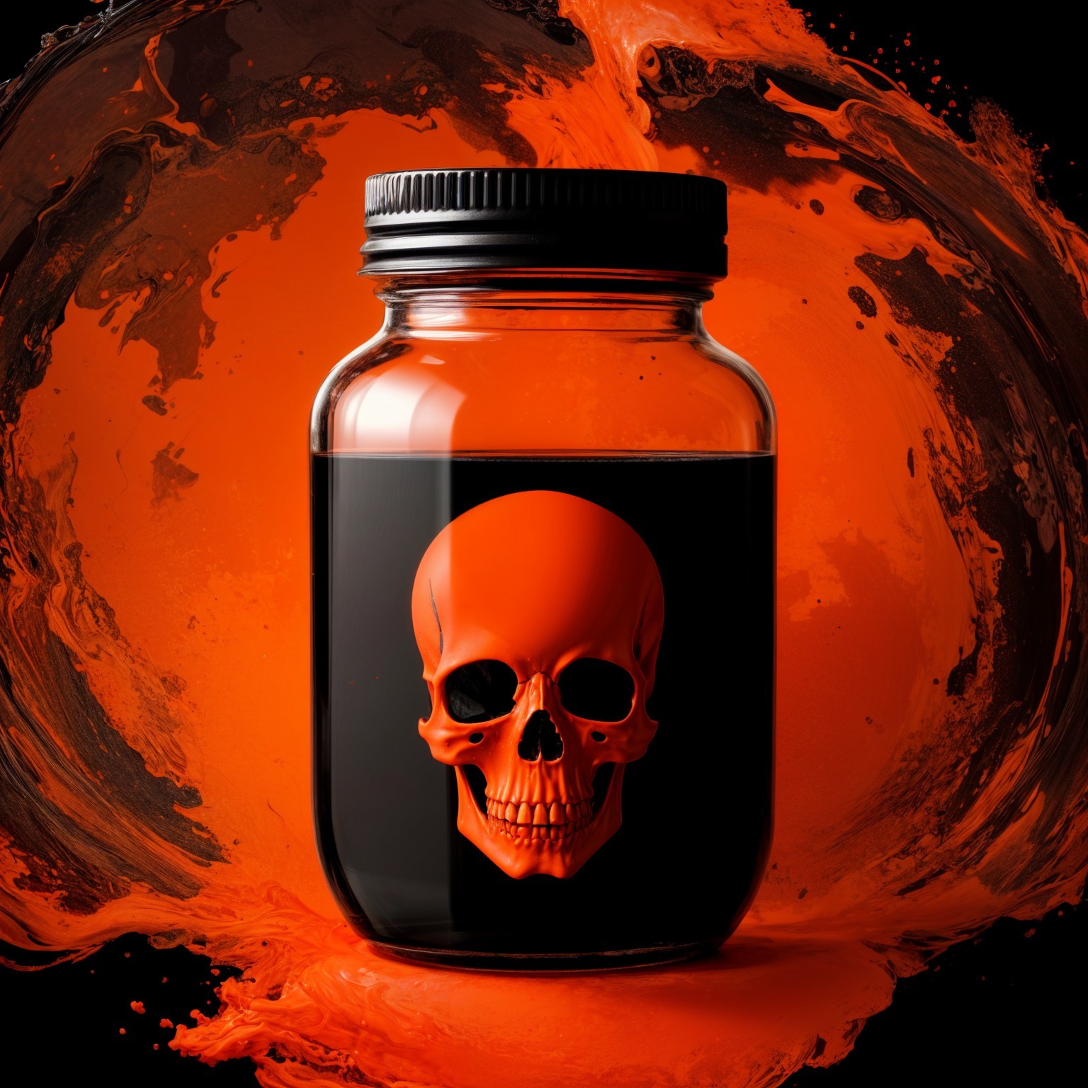 Dark Glass Jar with Black Liquid and Orange Skull Design