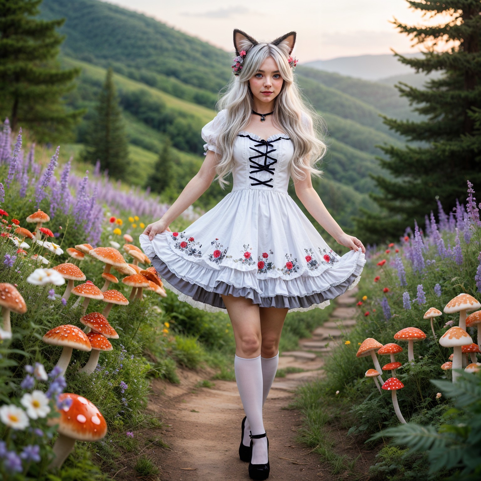 Young woman in floral dress on colorful flower path
