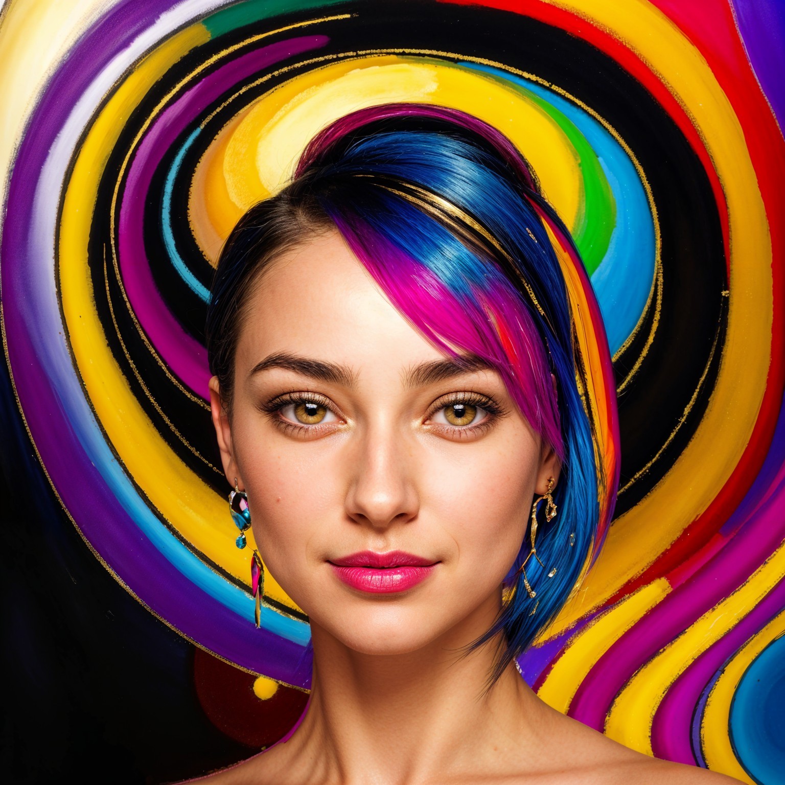 Young woman with vibrant hair and colorful background