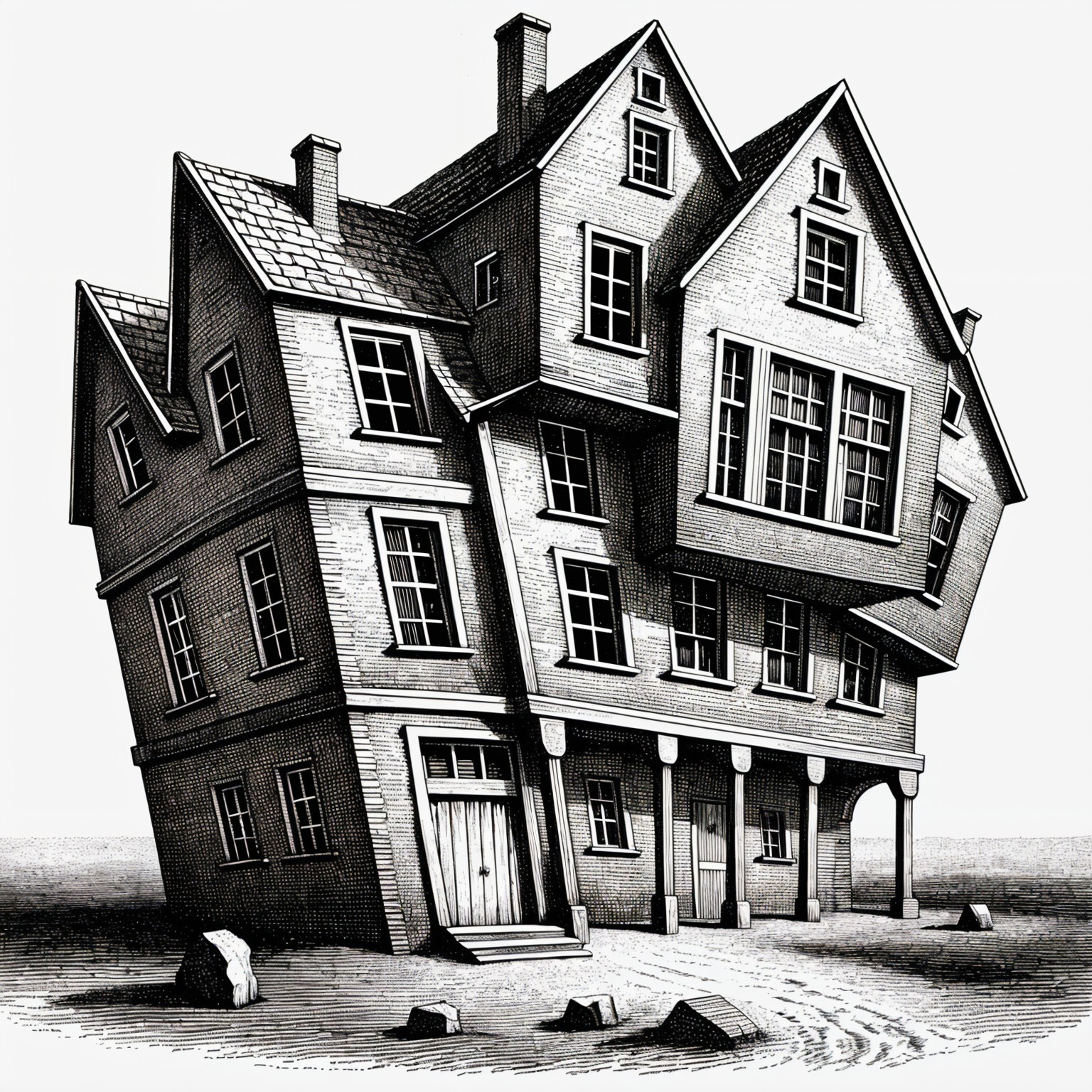Surreal House with Tilted Structure and Gabled Roofs