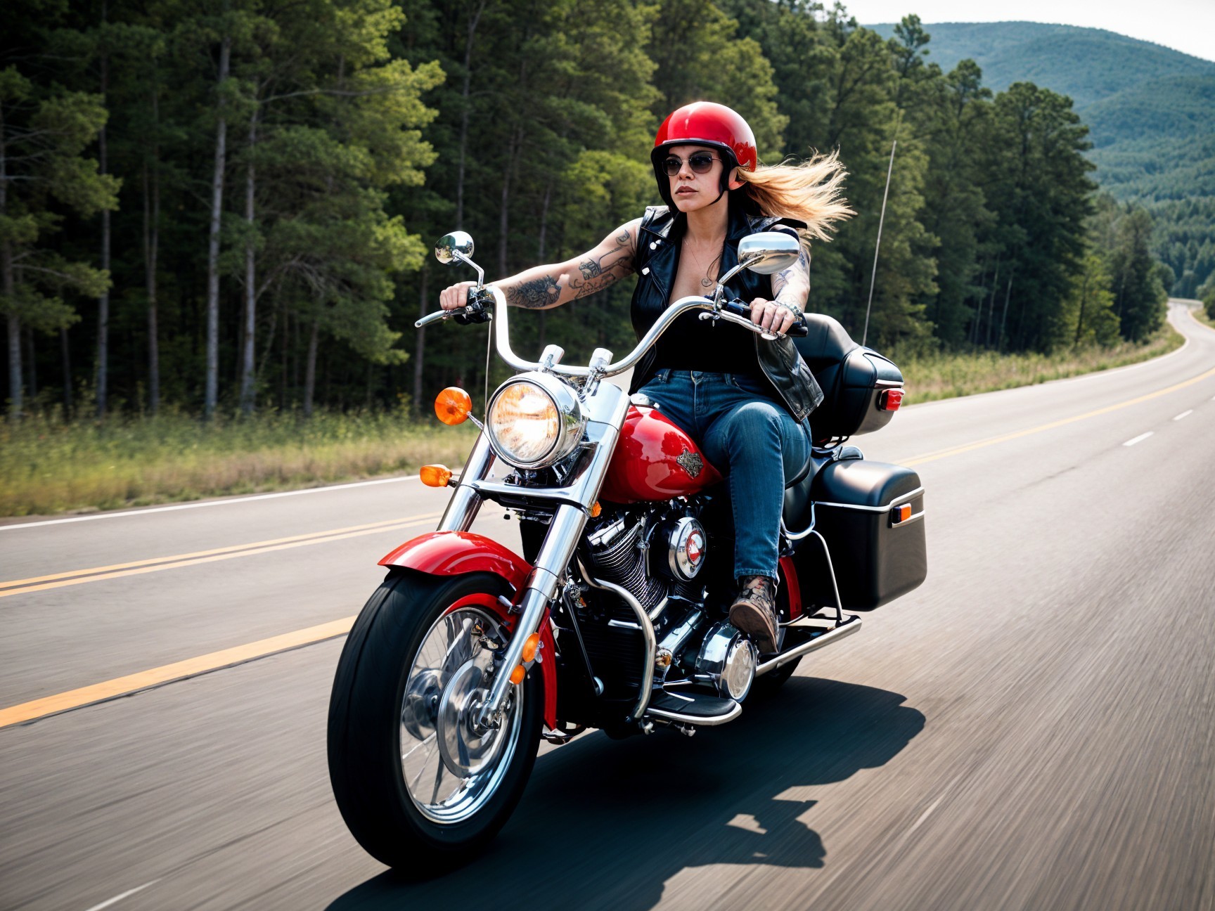 Woman on Classic Motorcycle Along Scenic Highway