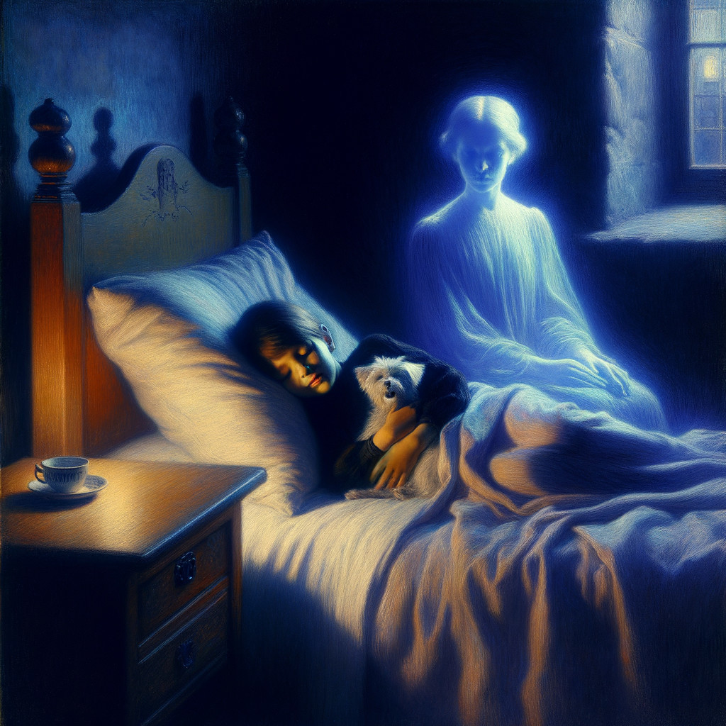 Young girl sleeps with cat and ghostly figure nearby