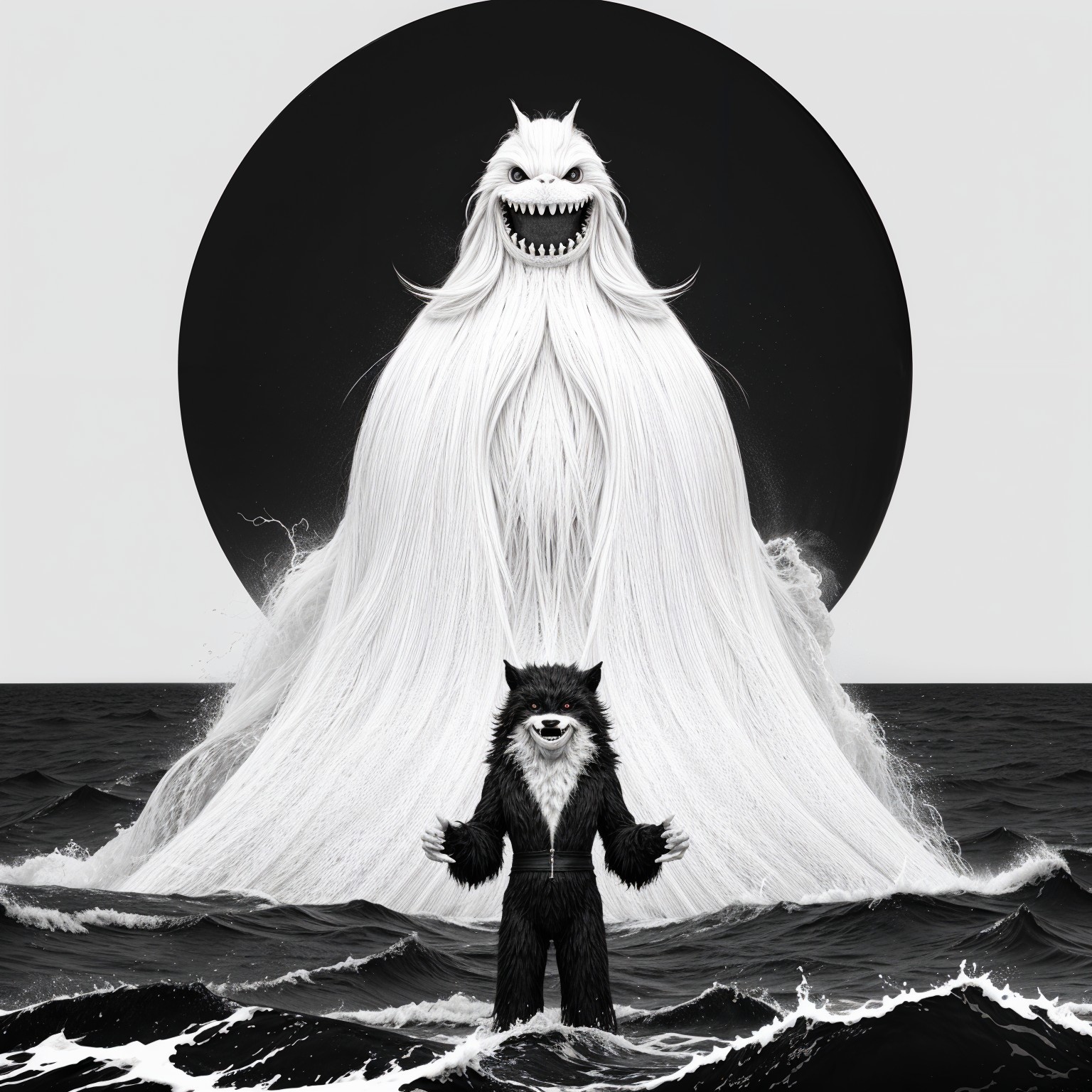 Surreal Scene with Ethereal Figure and Bear Creature