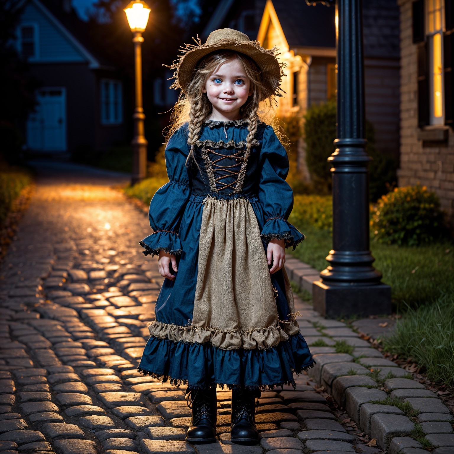 Young girl in vintage dress on cobblestone path at dusk