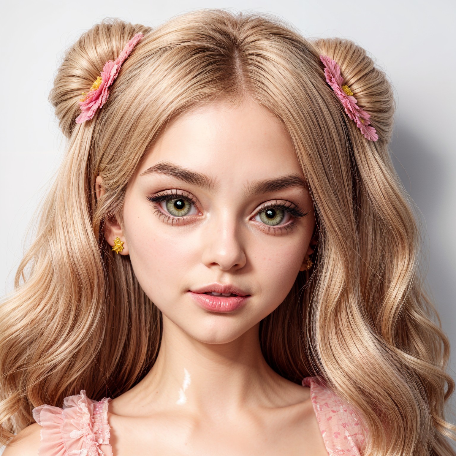 Young girl with blonde hair in playful buns and dress