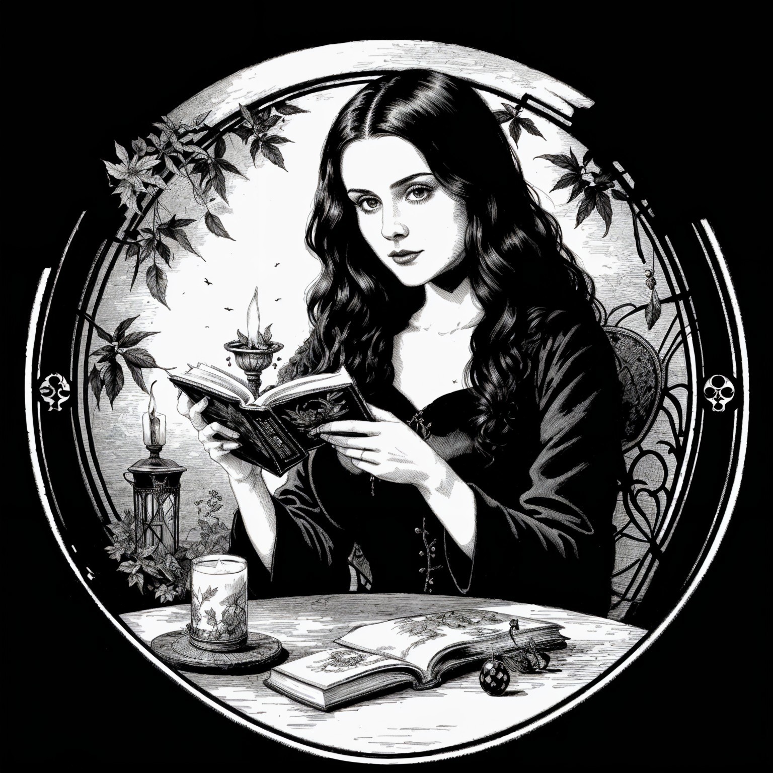 Young Woman Reading in Enchanted Setting with Mystical Elements