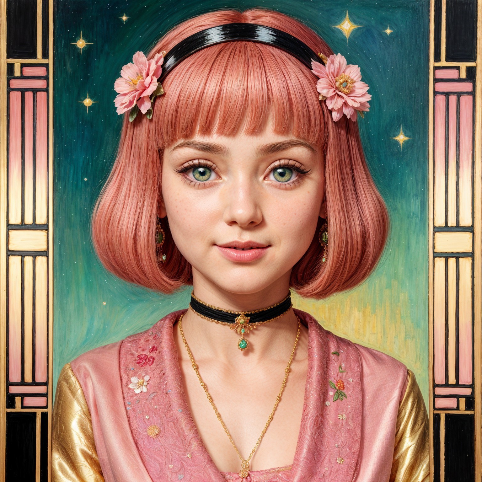 Young Woman with Pink Bob and Floral Accessories