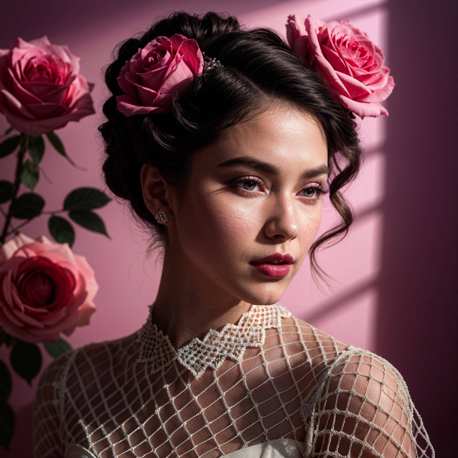 Young Woman with Elegant Hairstyle and Pink Roses