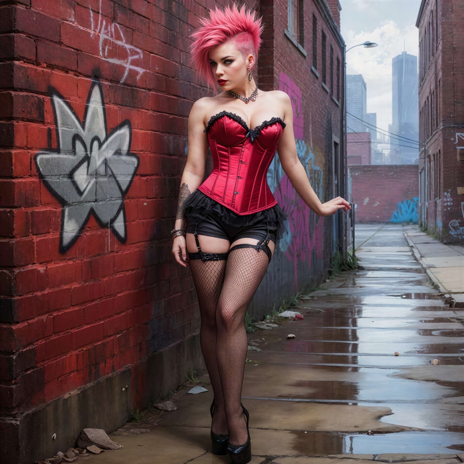 Young woman in alley with pink hair and corset outfit
