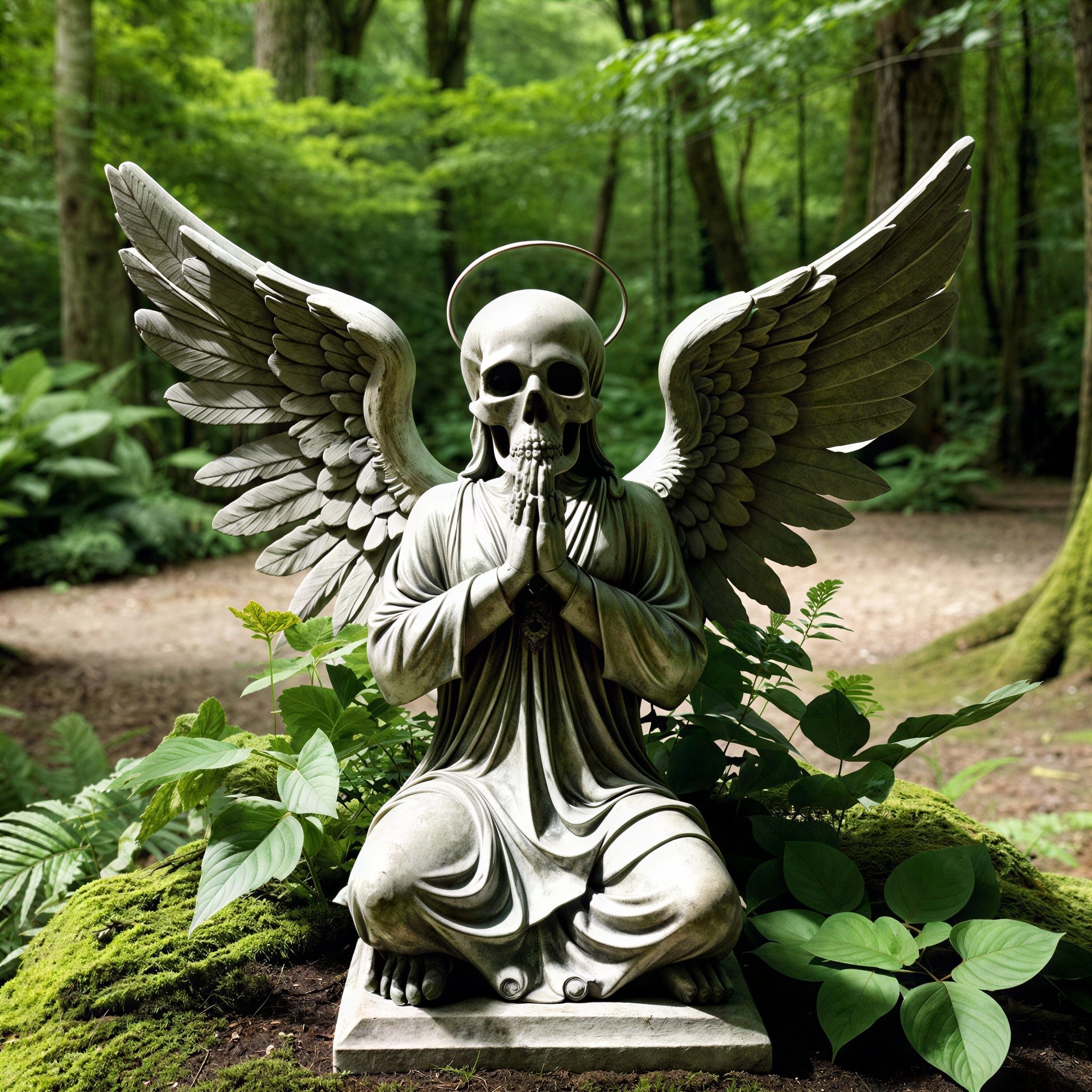 Intricately Designed Angel Statue in Forest Setting