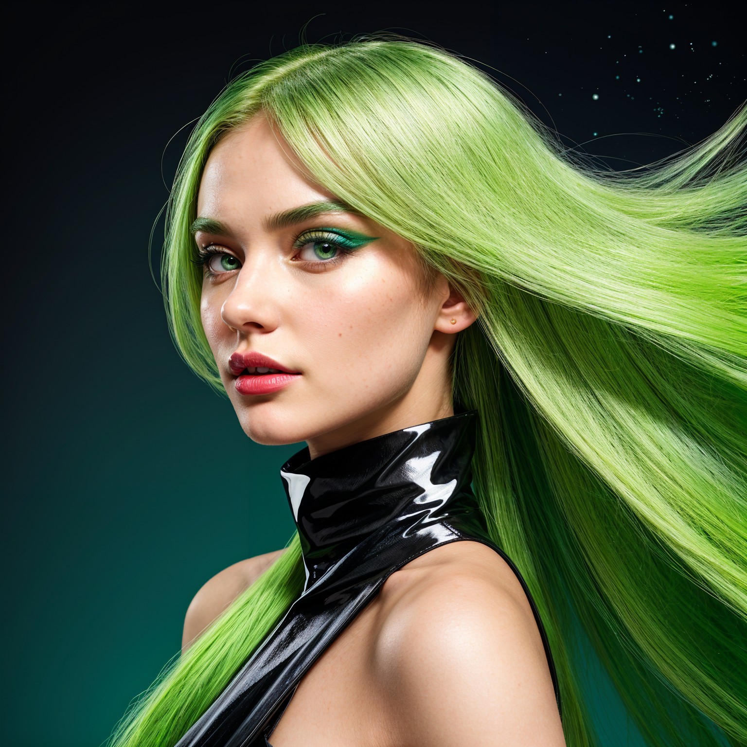 Model with Green Hair and Futuristic Black Outfit