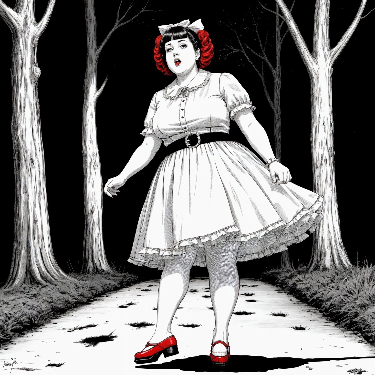 Young Woman in Vintage Dress on Shadowy Pathway