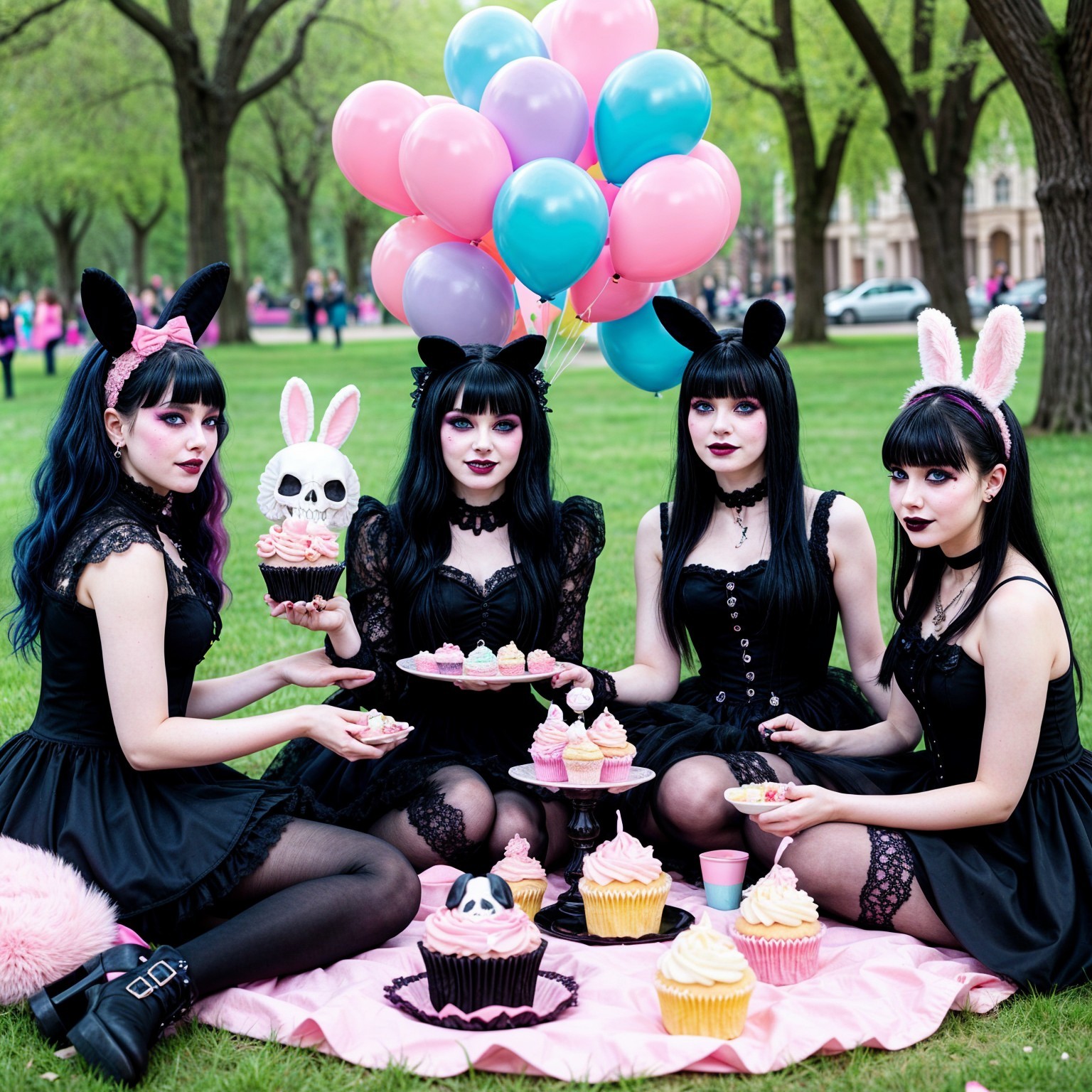Gothic Picnic Scene with Cupcakes and Balloons