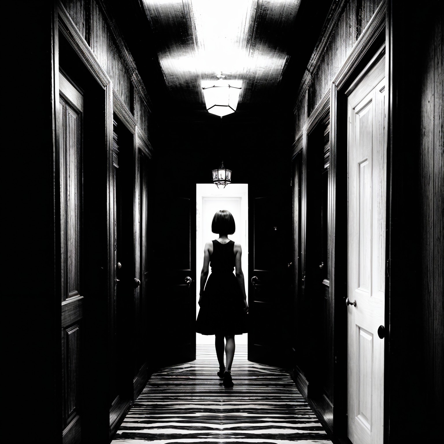Dimly Lit Hallway with Closed Doors and Bright Light