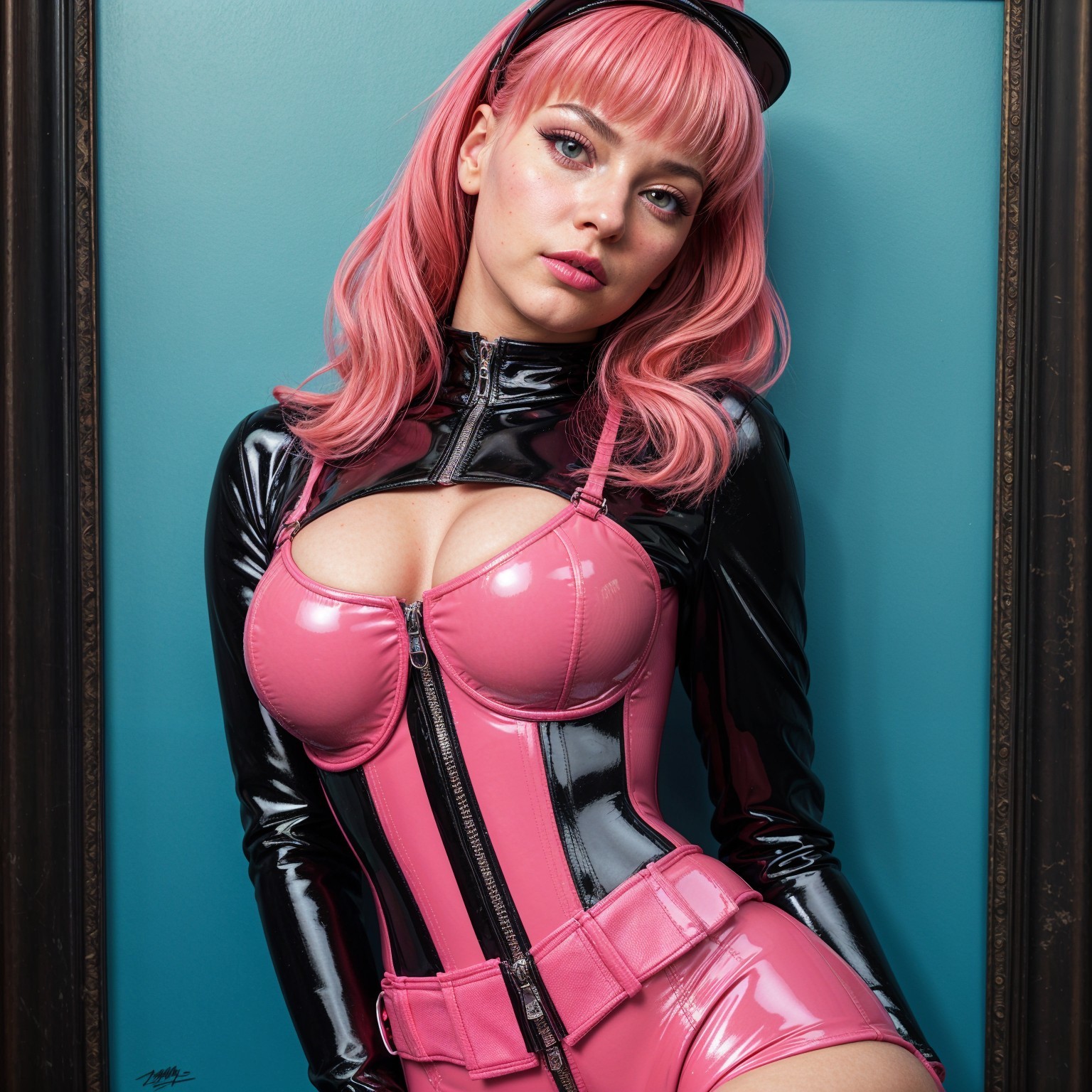 Stylized Portrait of Woman in Pink Wig and Latex Outfit