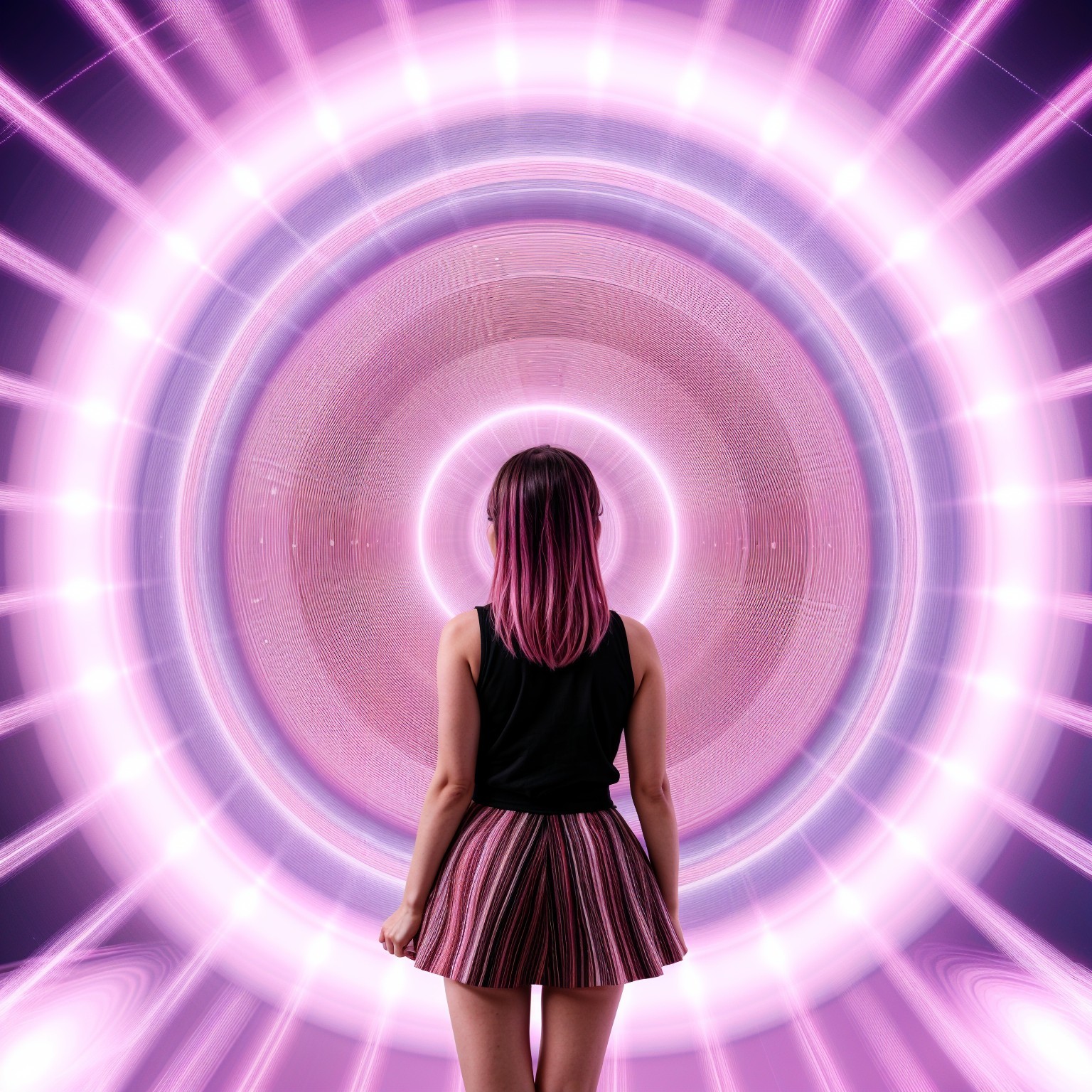 Young woman gazing into a swirling pink portal