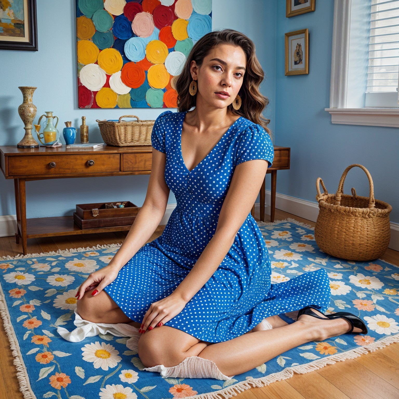 Woman in blue dress on patterned rug in colorful room