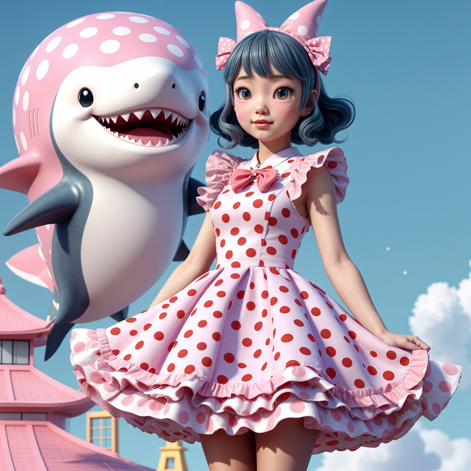 Whimsical Scene of Girl with Dolphin and Pastel Background