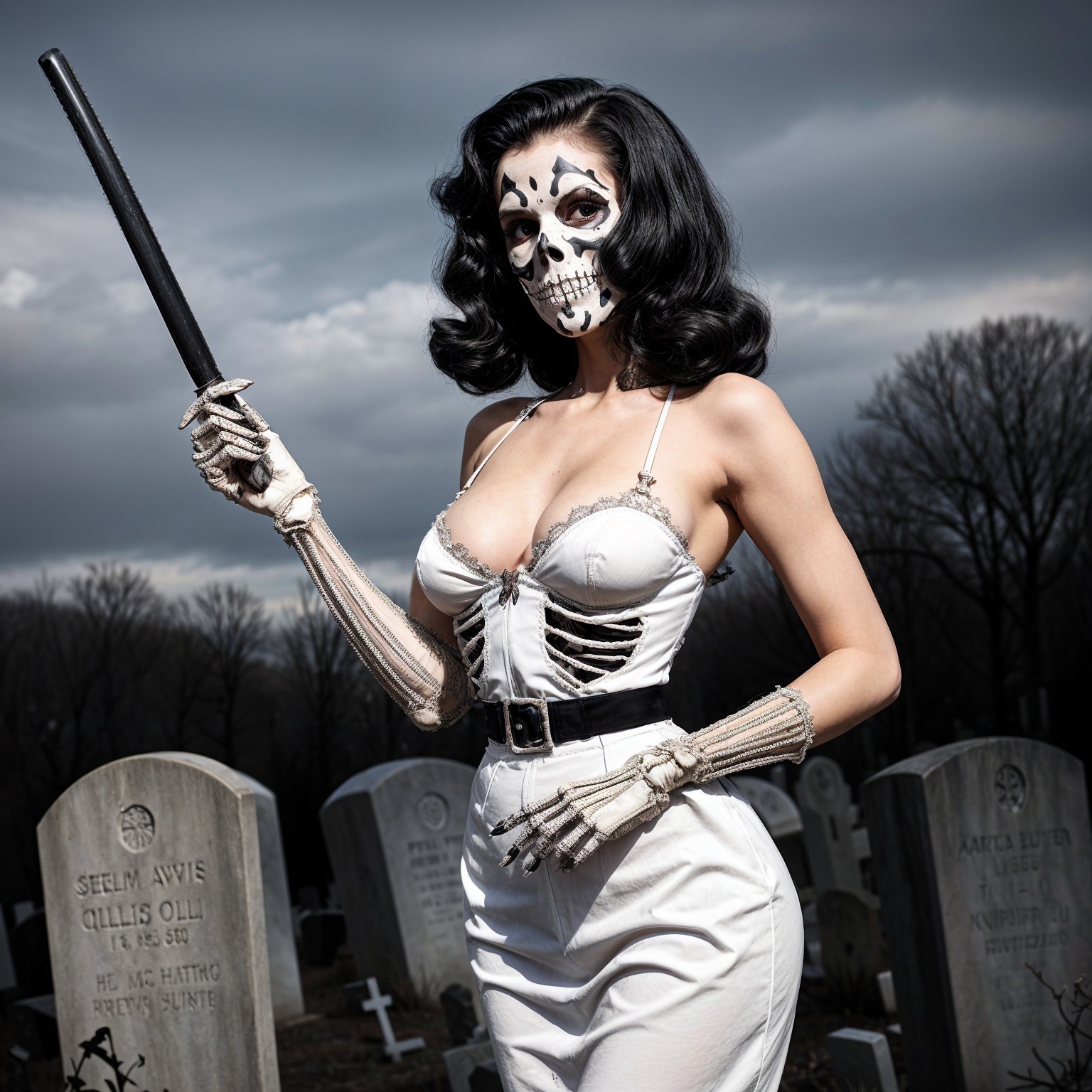 Striking figure in white dress with skull makeup in graveyard