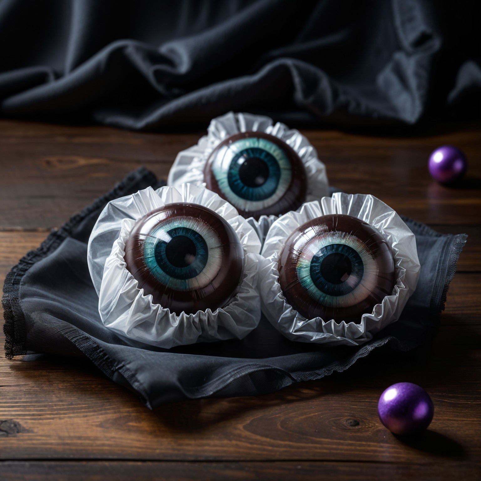 Realistic Eyeball Sweets on Dark Fabric Surface