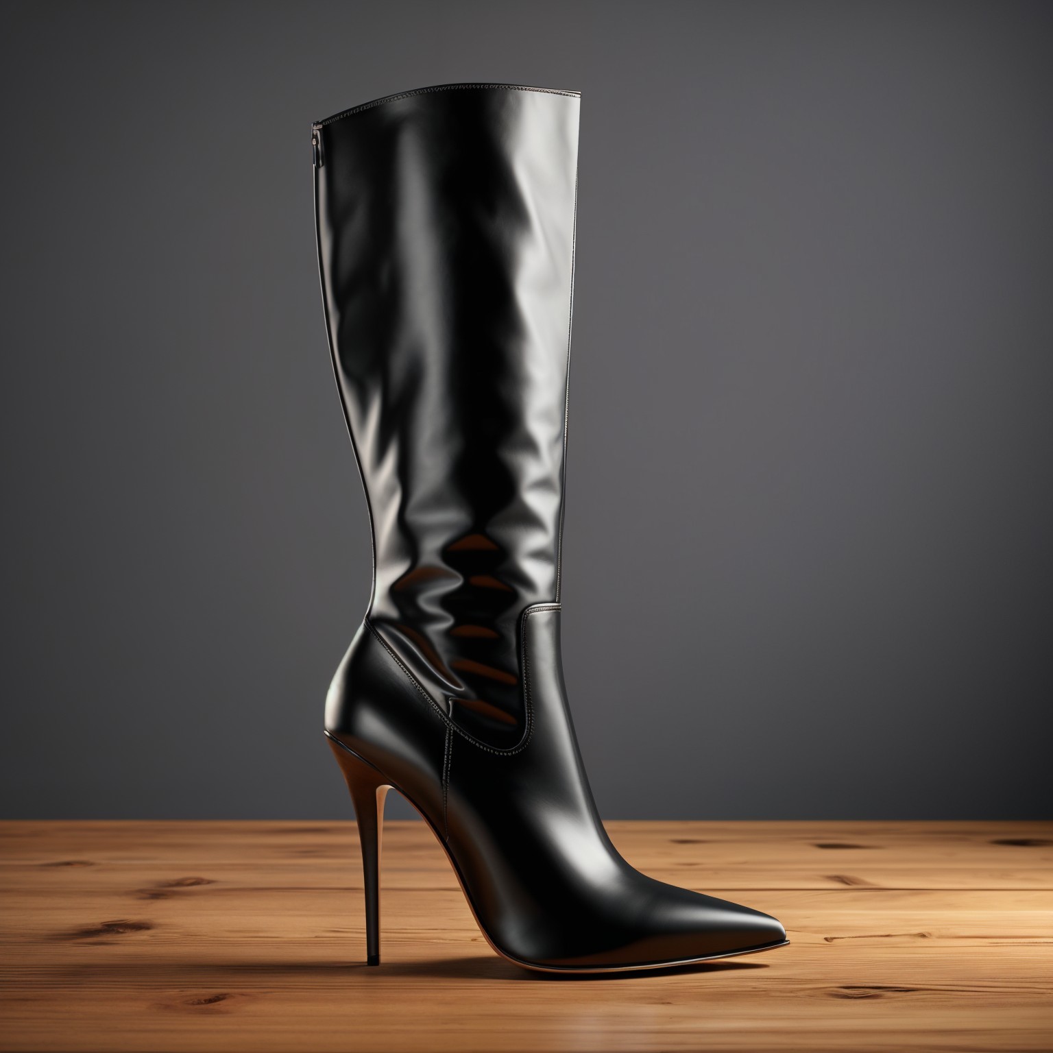 Glossy Black Mid-Calf High-Heeled Boot Description