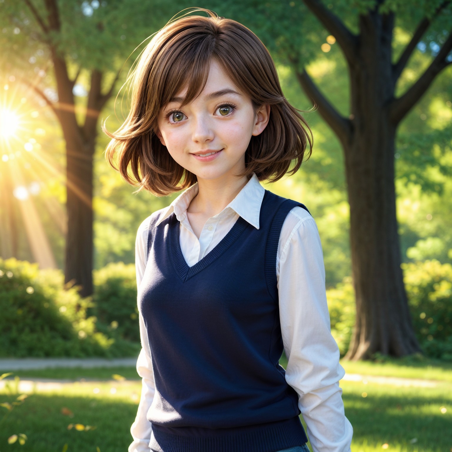 Young Girl in Sunlit Park Surrounded by Greenery