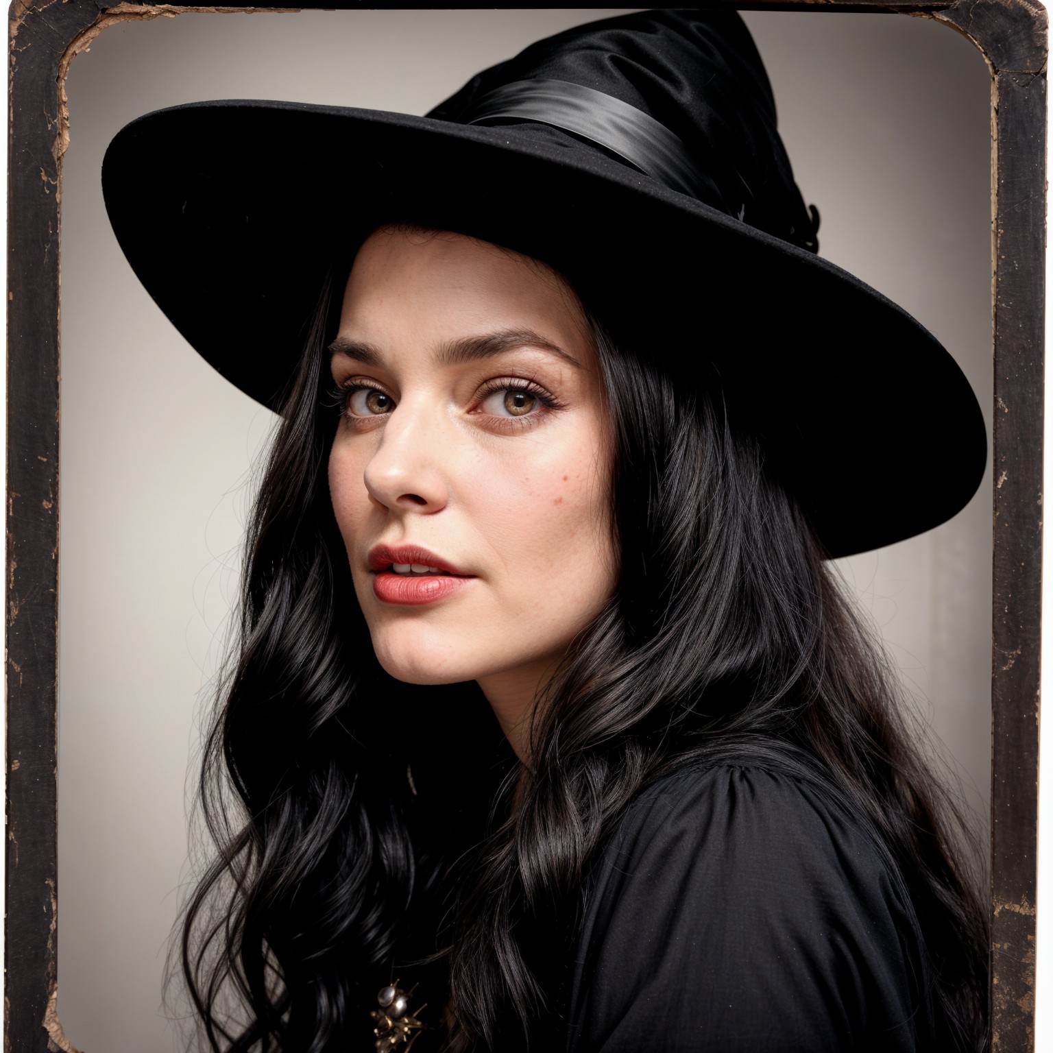 Elegant Woman in Black Witch's Hat and Vintage Frame
