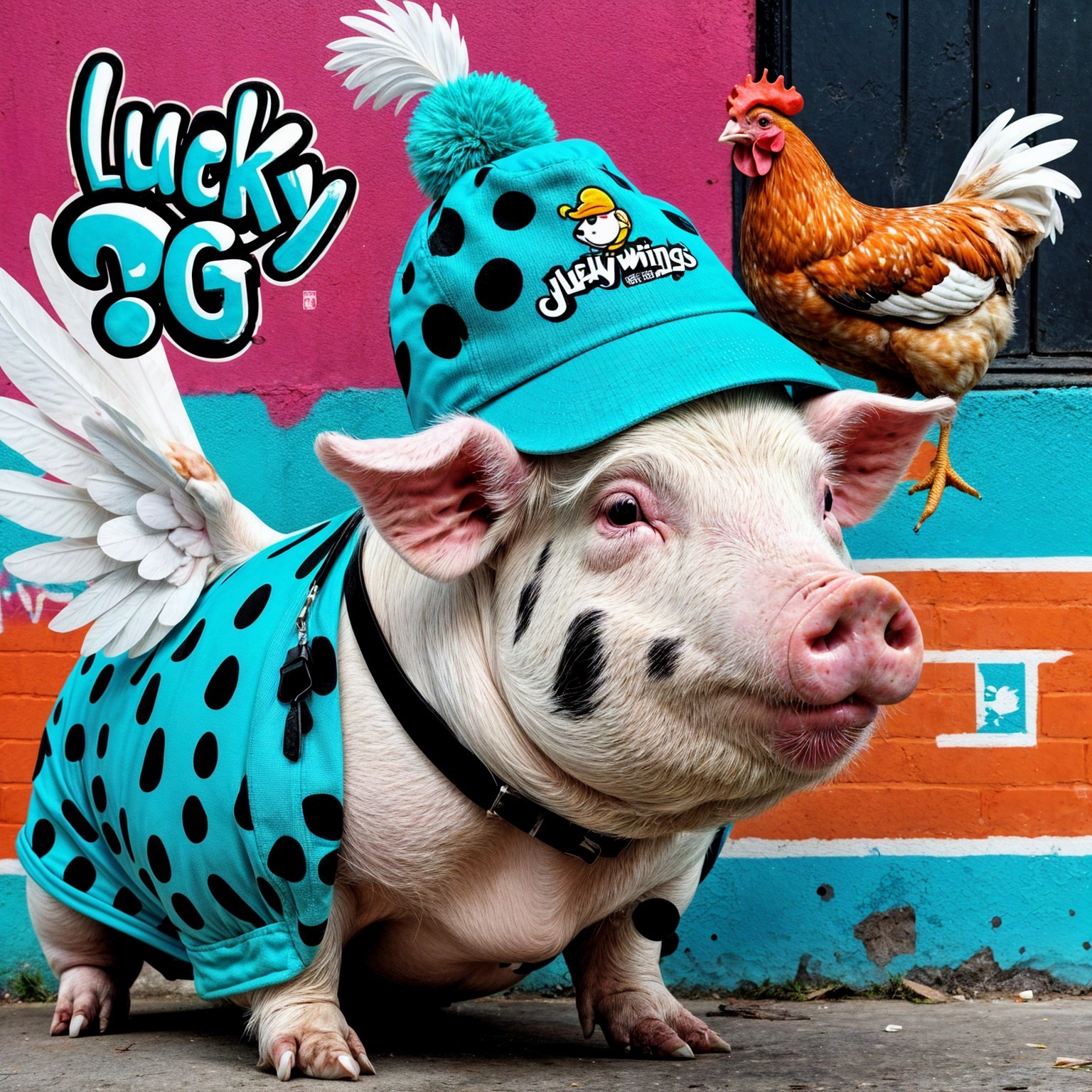 Playful Pig in Turquoise Outfit with Chicken Background