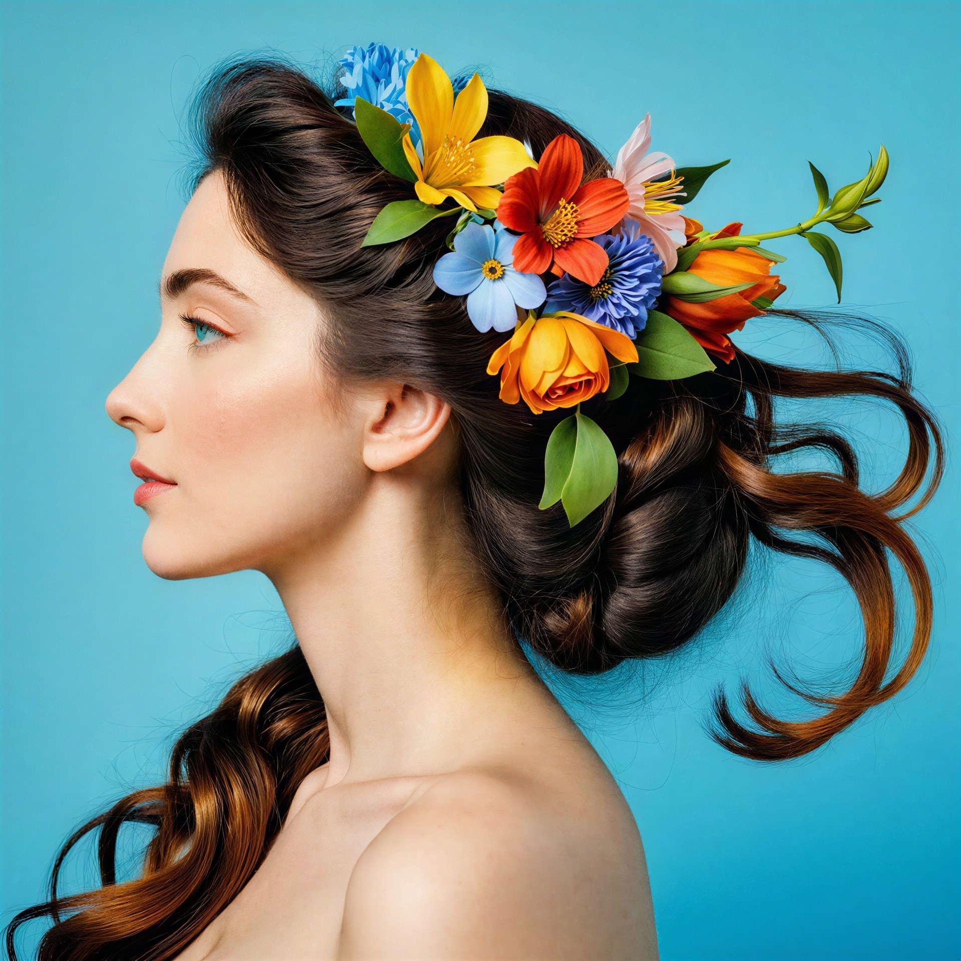 Side Profile of Young Woman with Elaborate Updo and Flowers
