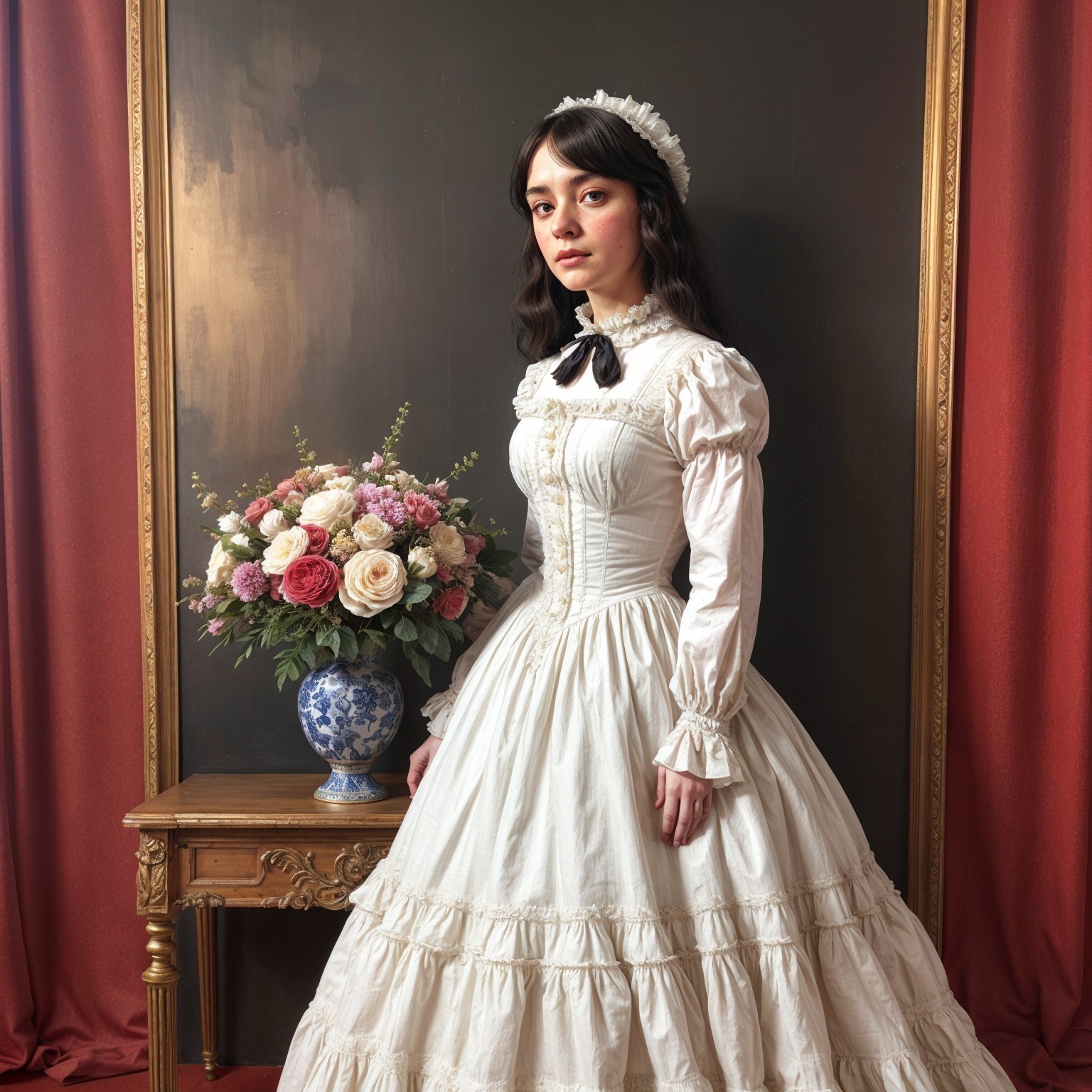 Vintage Woman in White Gown with Floral Arrangement