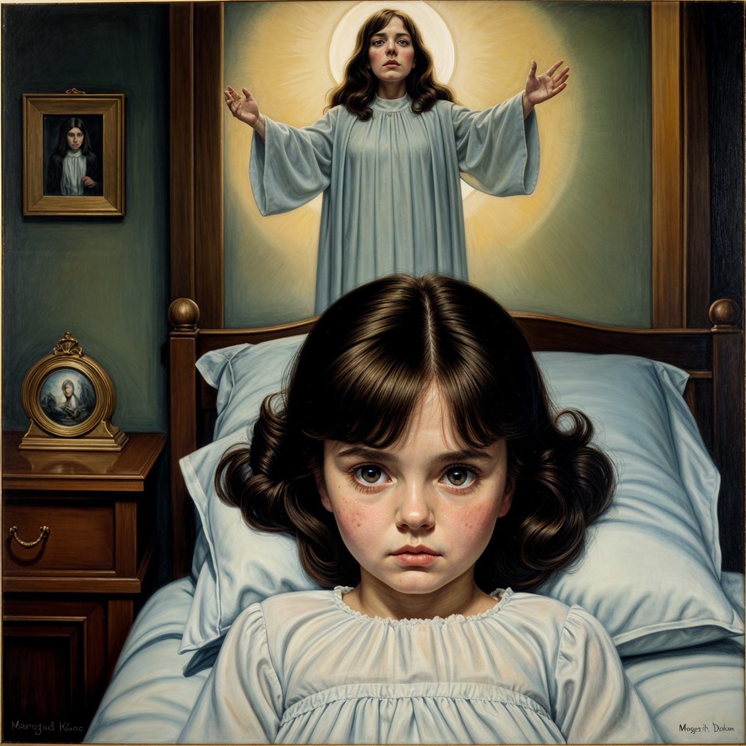 Young girl in nightgown with angelic figure in room