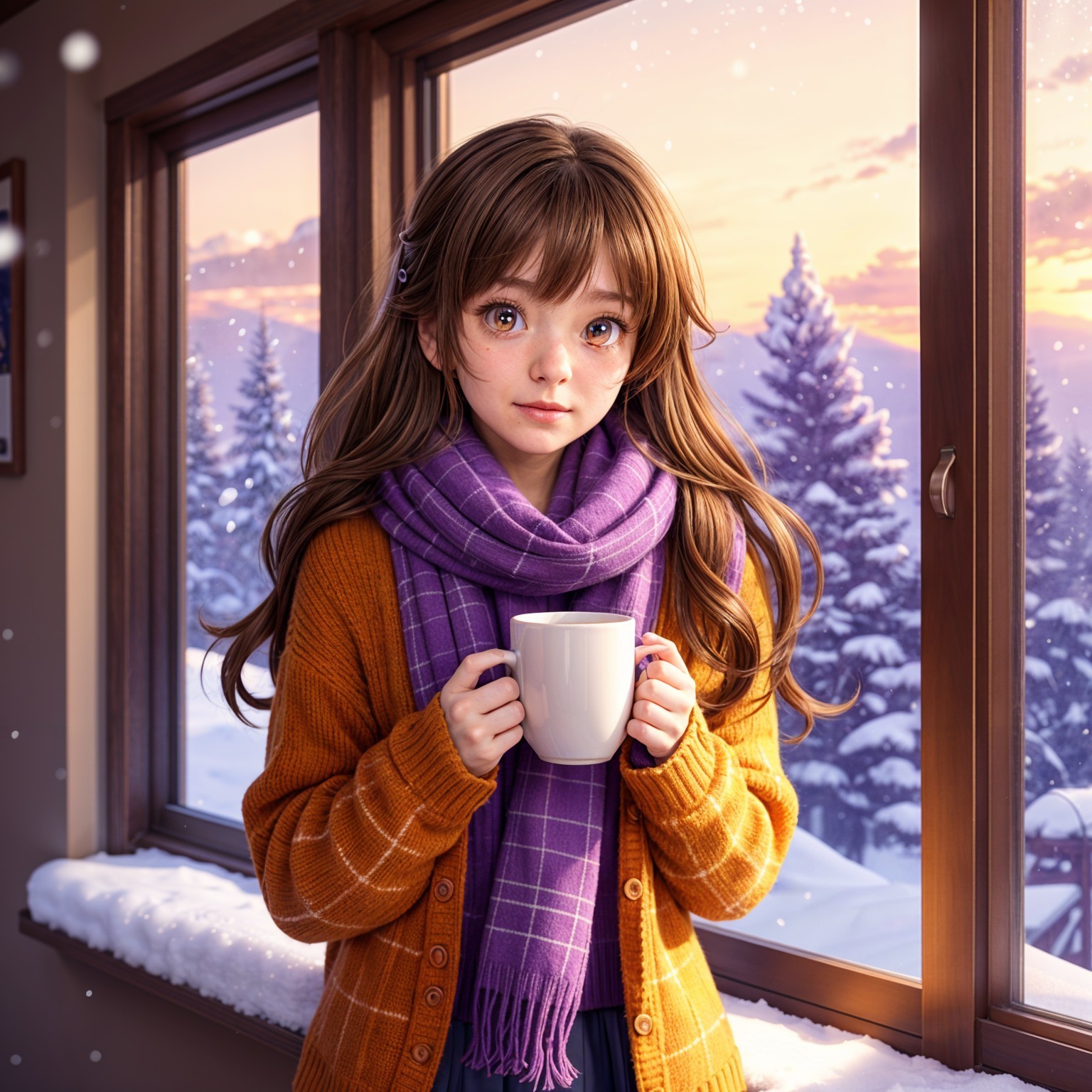 Cozy Winter Scene with Girl by Snowy Window