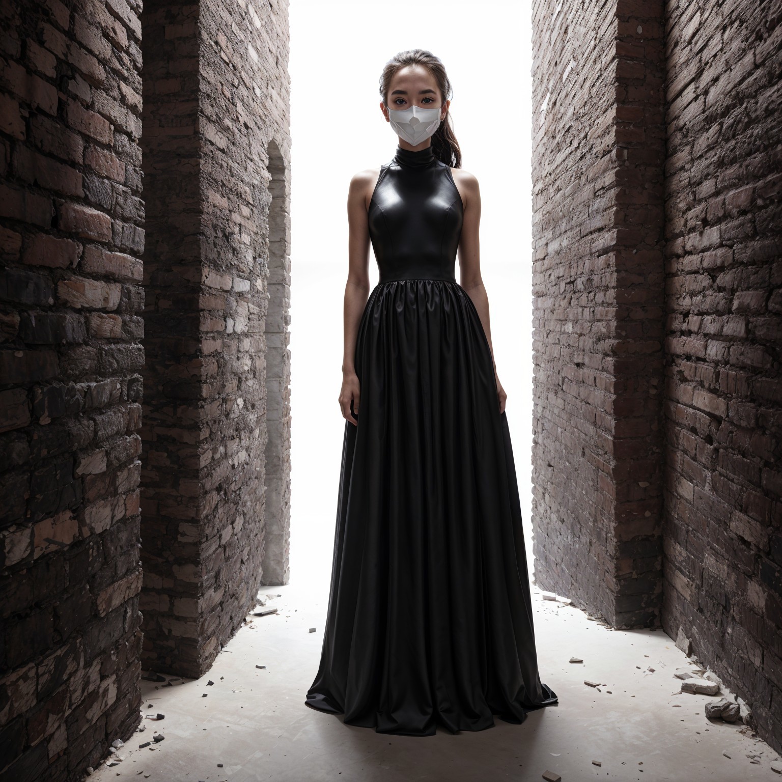 Elegant Woman in Black Gown with White Mask in Corridor