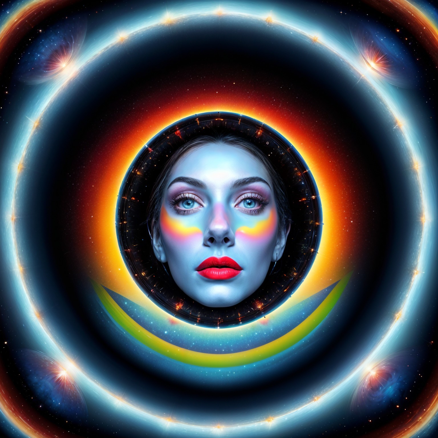 Surreal Face Against Cosmic Starry Background