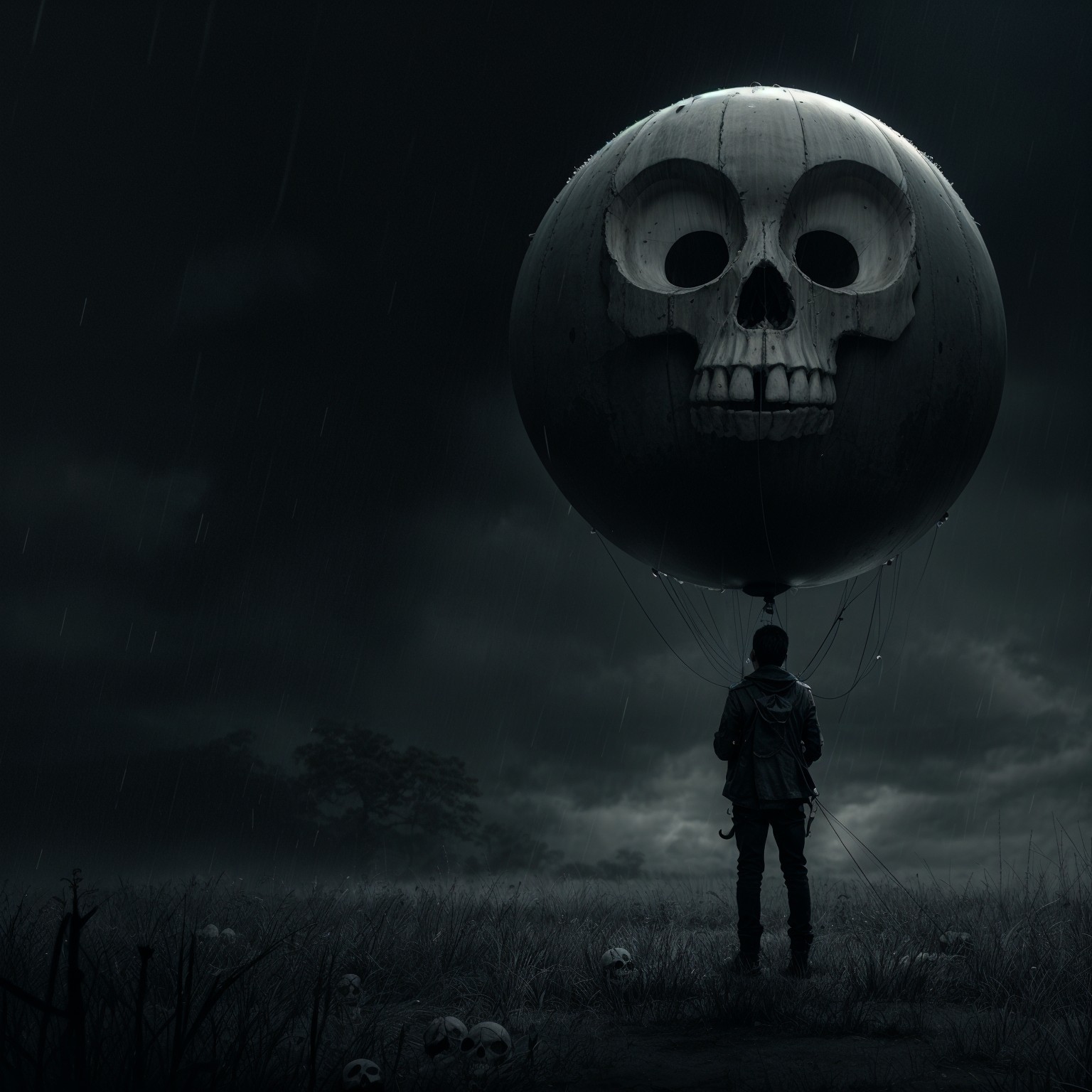 Lone Figure in Dark Landscape with Skull Balloon