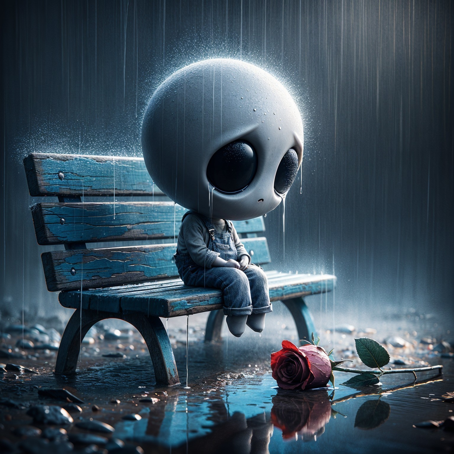 Melancholic Character on Bench in Rain with Rose
