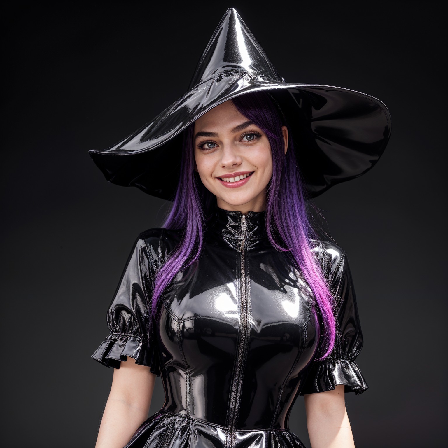Young woman in black latex outfit with witch's hat